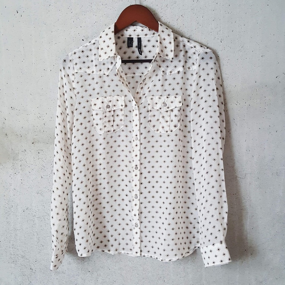 MNG casual white sheer button down top size xs